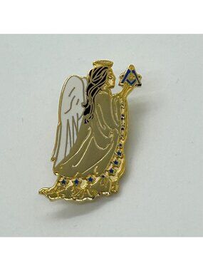 Free Mason Pin Angel Holding Square & Compass Masonic Gold-tone and Enamel